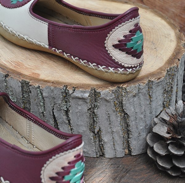 Burgundy Cream Embroidered - Flat Shoes - 2