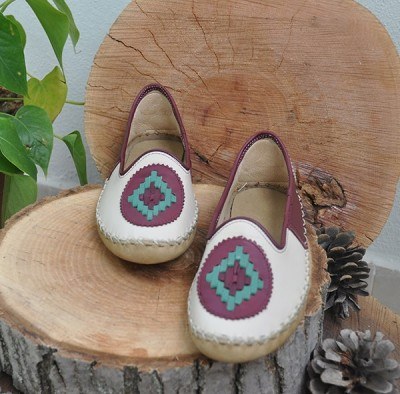 Burgundy Cream Embroidered - Flat Shoes