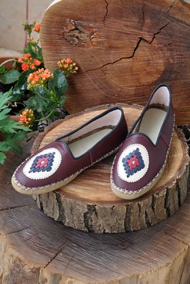Nakışlı Bordo Bayan Sandalet - 3